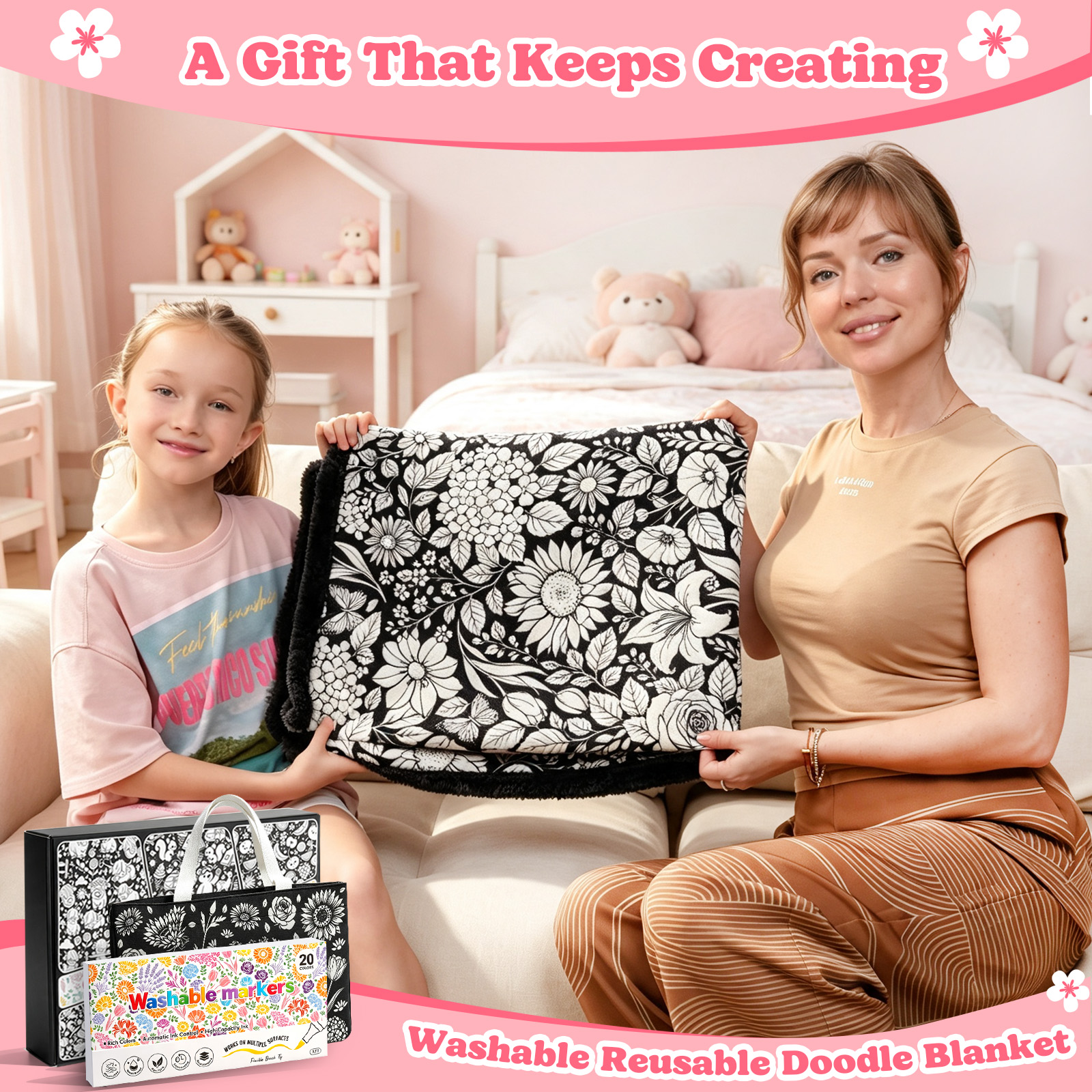 Cozy Doodle Coloring Blanket with 20 Washable Markers (Flowers)