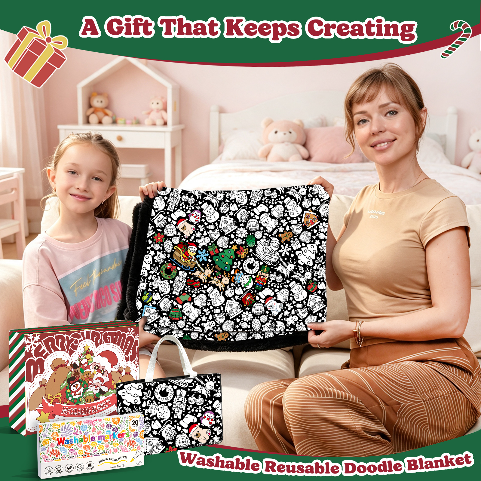 Christmas Coloring Blanket for Adults & Kids -20 Washable Markers