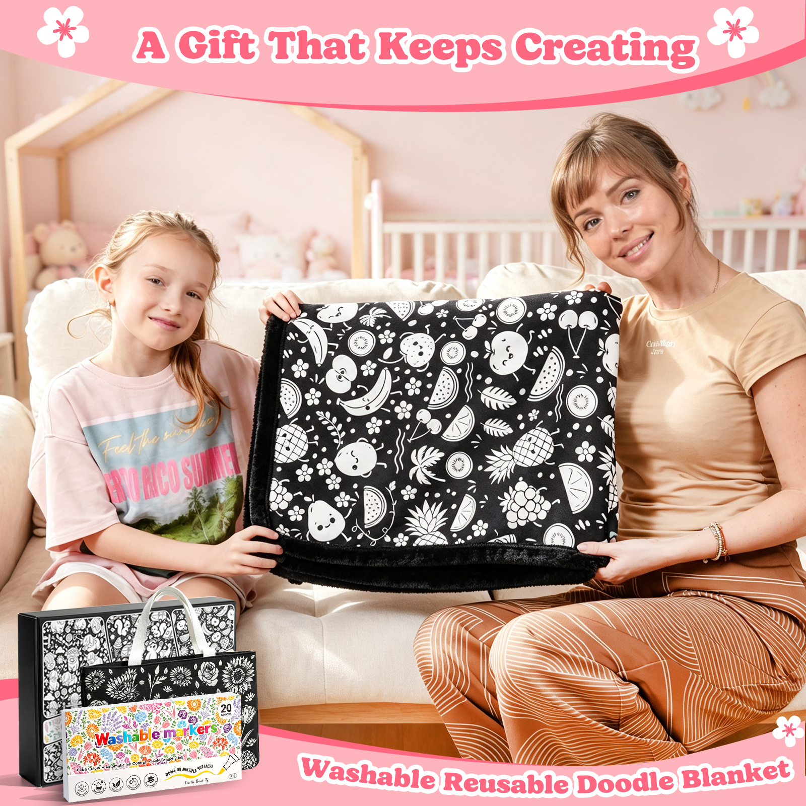 Cozy Doodle Coloring Blanket with 20 Washable Markers (Fruits)