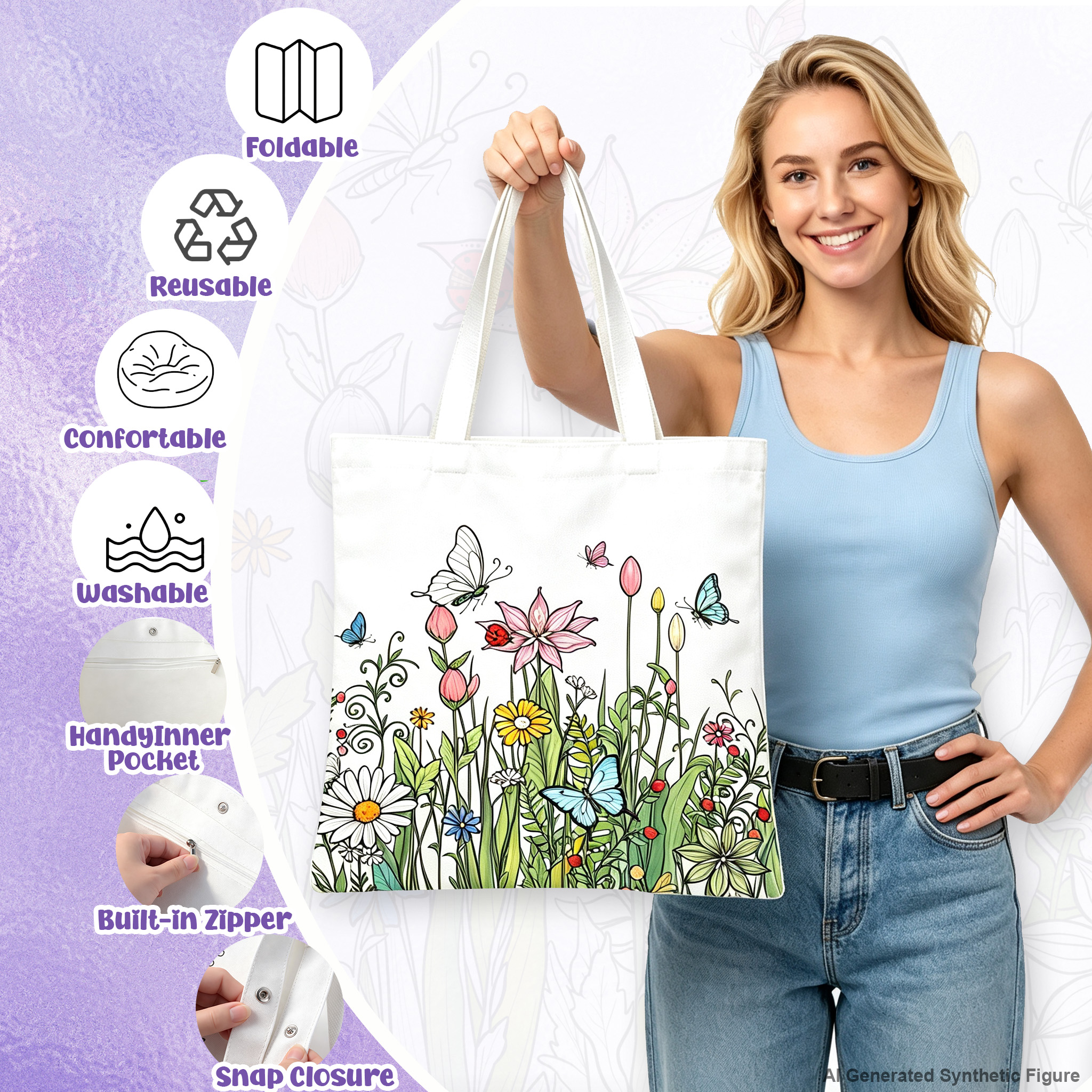 Coloring Canvas Tote Bag for Adults  DIY Painting Kit with 24 Markers (Butterfly Ladybug)