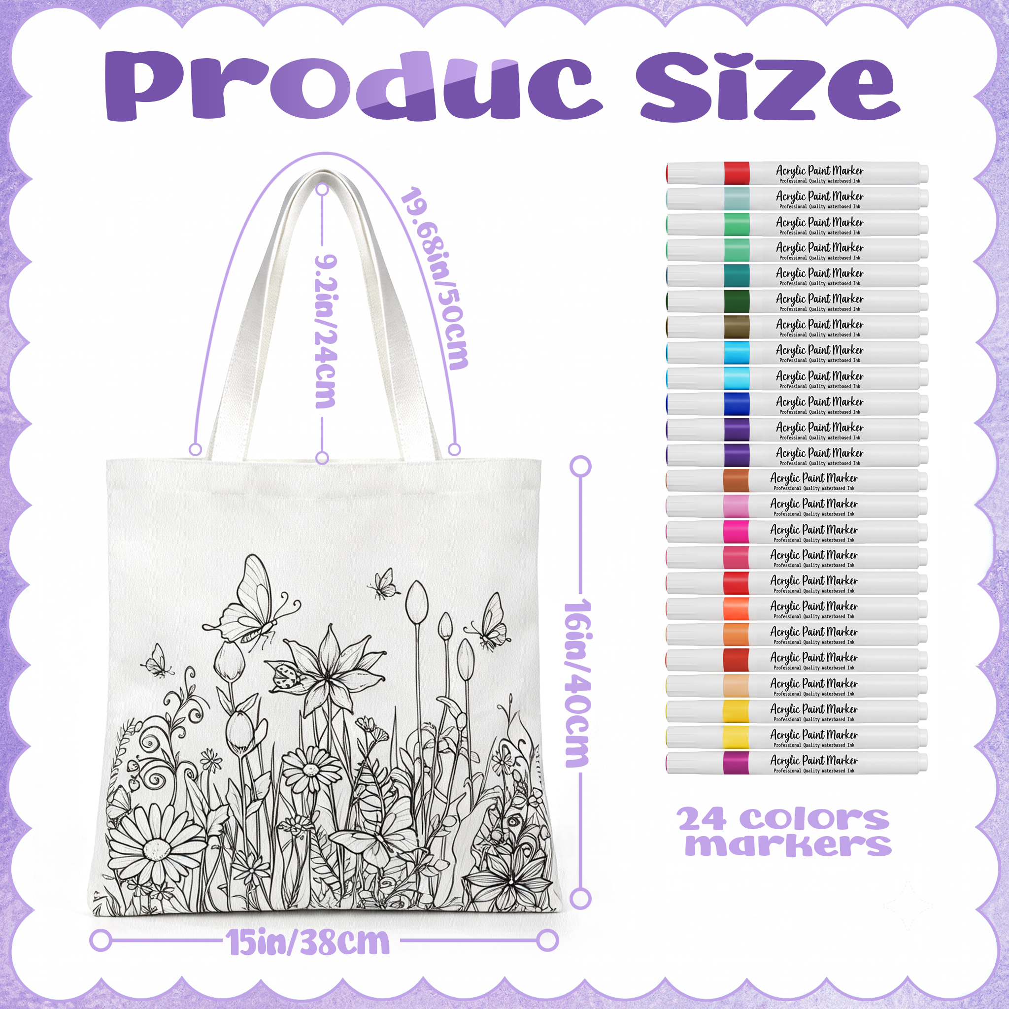 Coloring Canvas Tote Bag for Adults  DIY Painting Kit with 24 Markers (Butterfly Ladybug)