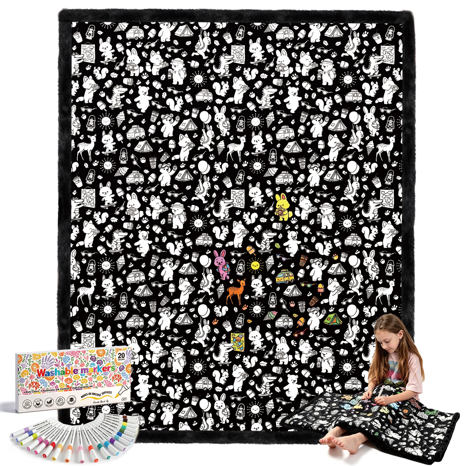 Cozy Doodle Coloring Blanket with 20  Washable Markers