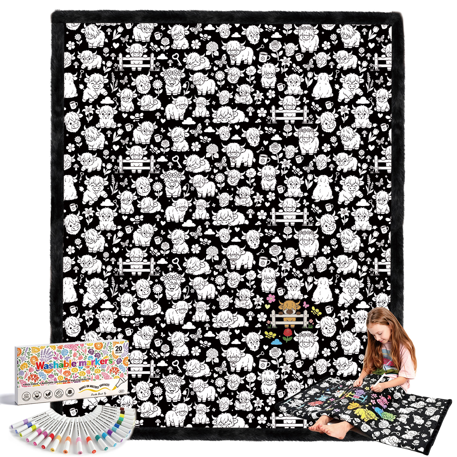 Cozy Doodle Coloring Blanket with 20 Washable Markers (Highland Cattle)