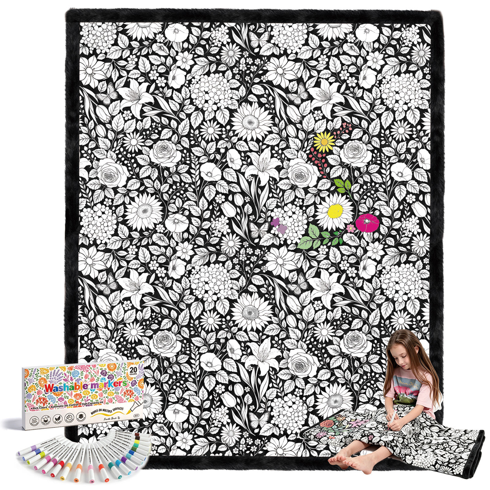 Cozy Doodle Coloring Blanket with 20 Washable Markers (Flowers)