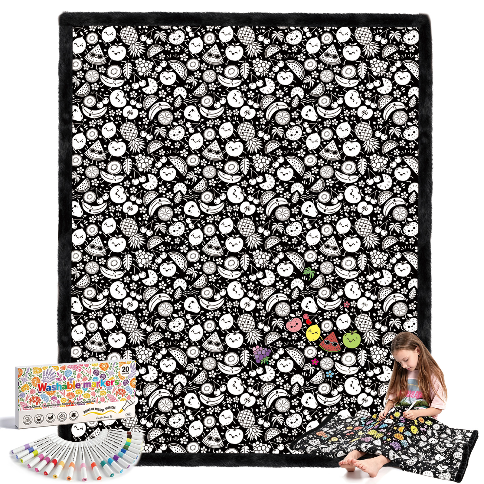 Cozy Doodle Coloring Blanket with 20 Washable Markers (Fruits)