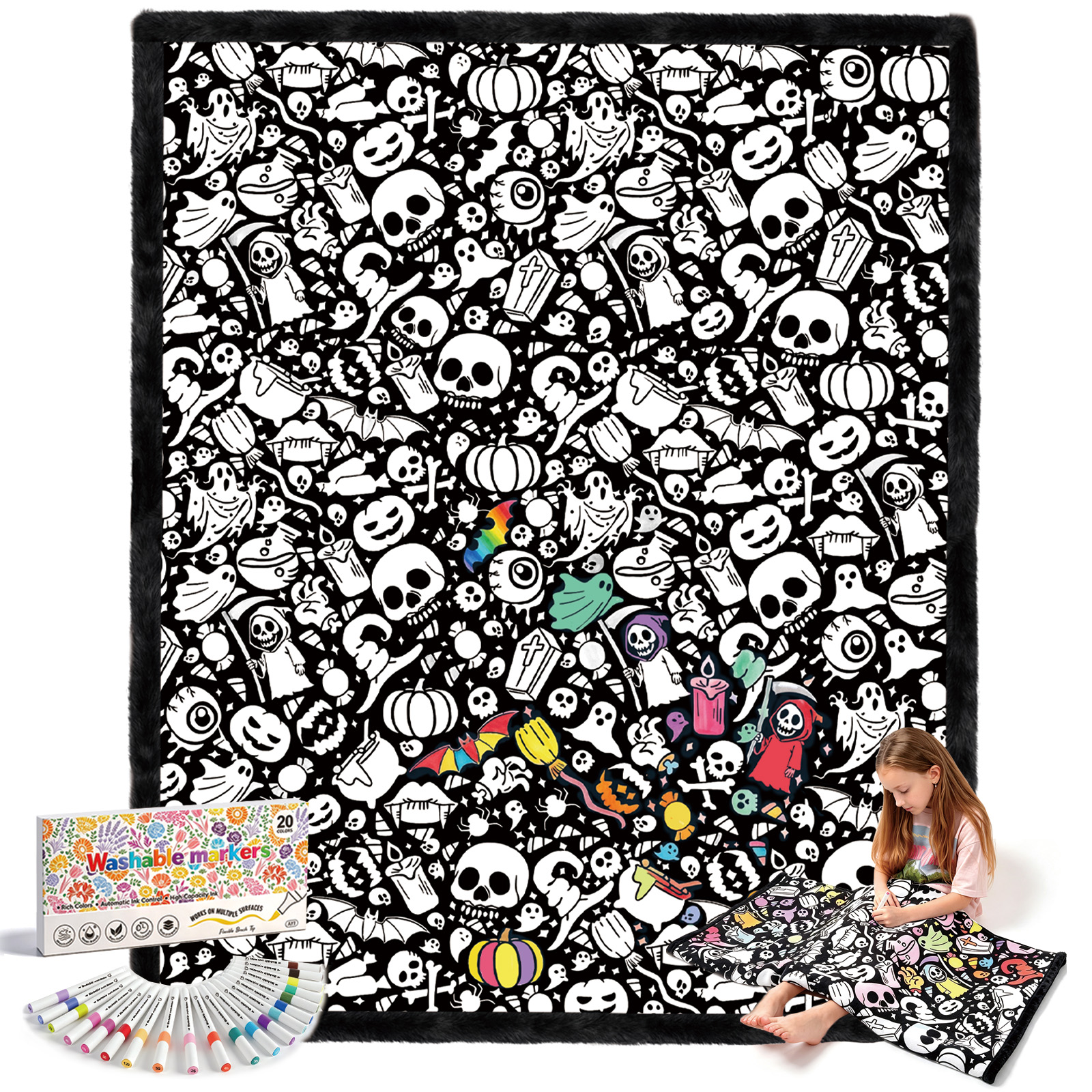 Halloween Coloring Blanket with 20 Washable Markers