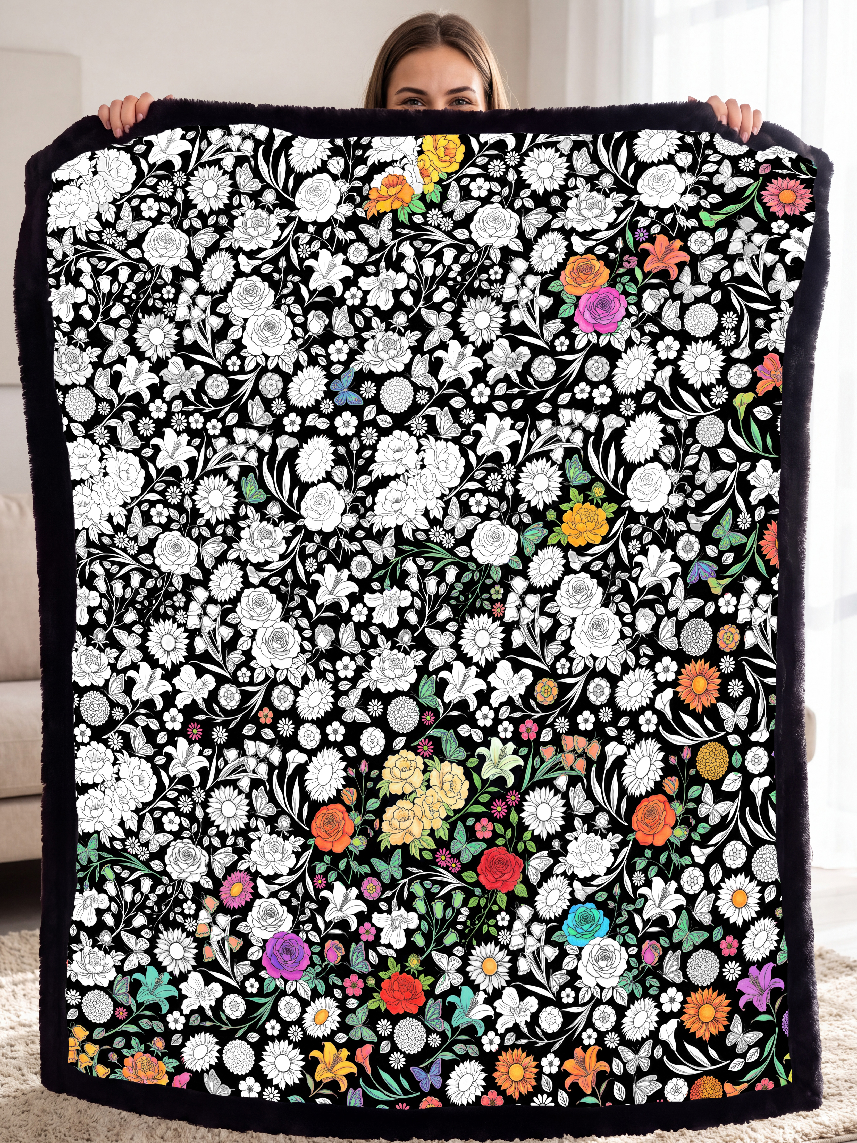 Coloring Blanket for Adults & Kids - 24 Colors Markers (Flower)