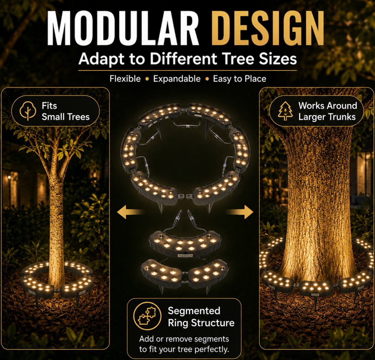 Modular Ring Tree Landscape Lights – 360° Outdoor Uplighting for Trees & Columns