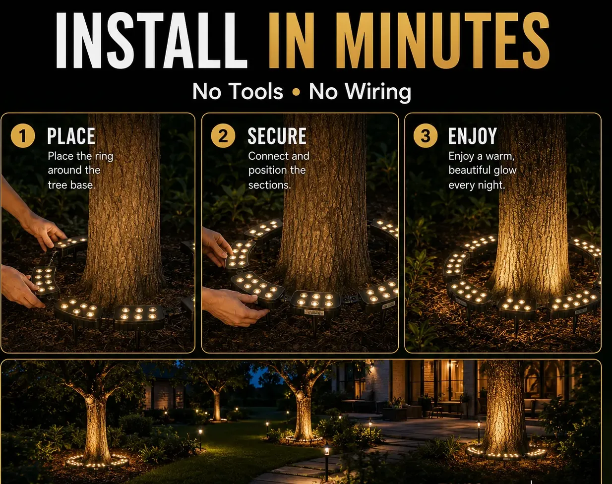 Three step installation of modular ring tree lights around garden tree