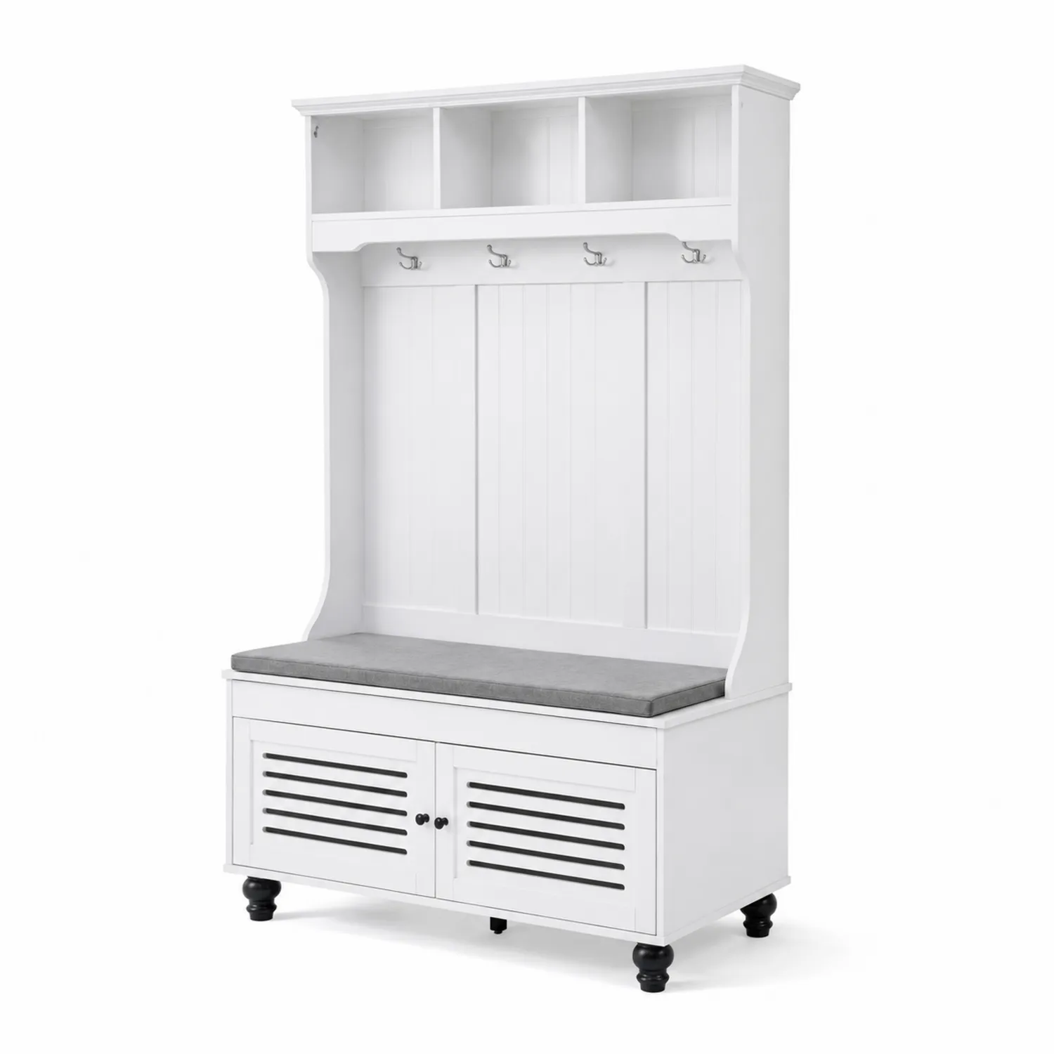 Appendiabiti con Panca in Legno MDF Bianco e Cuscino in Poliestere