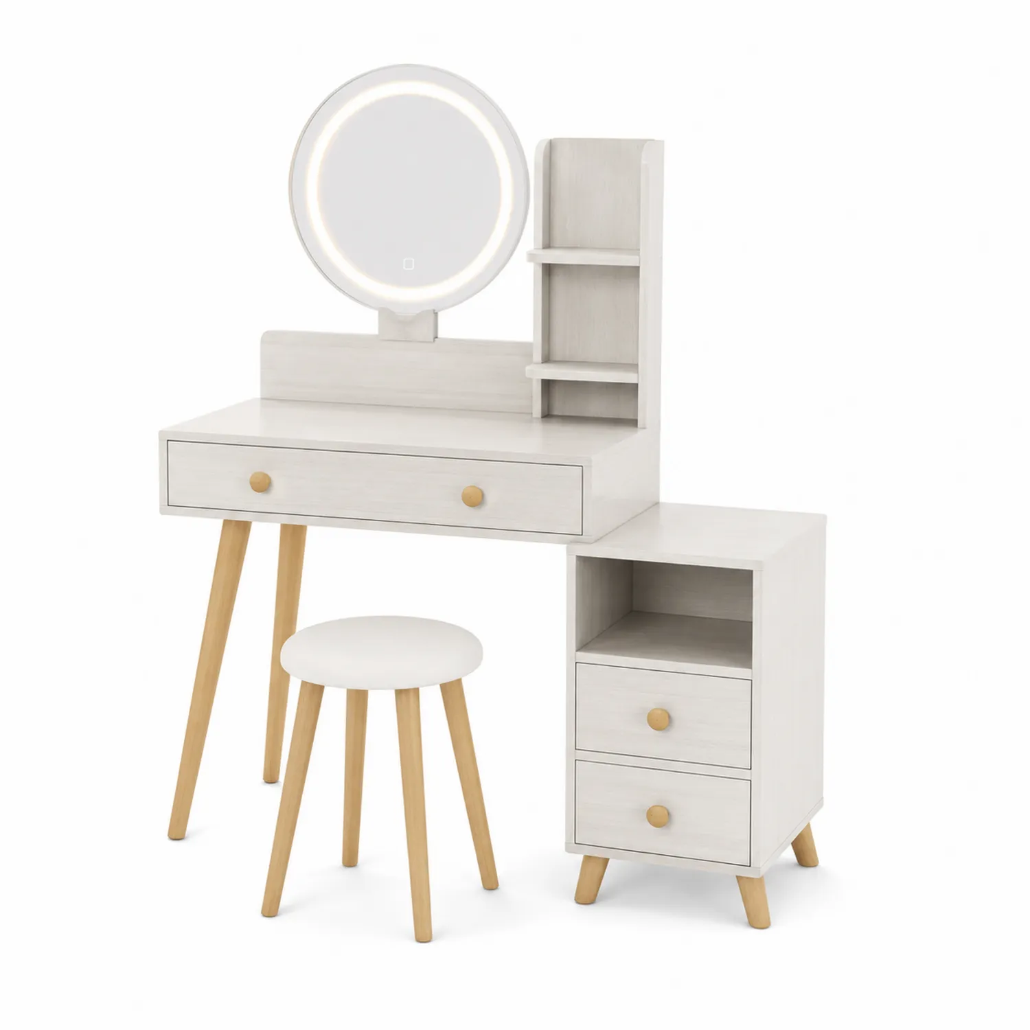 Toeletta con Specchio LED e Sgabello in Legno