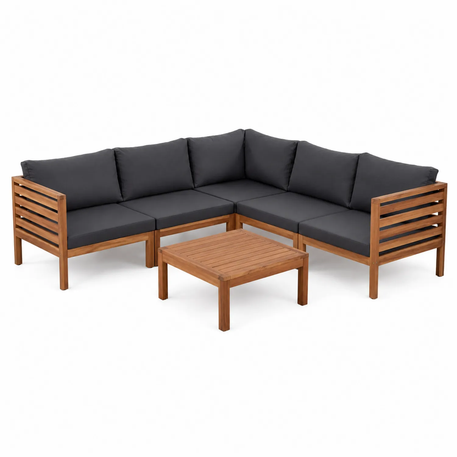 Set divano da giardino angolare in legno e tessuto grigio scuro