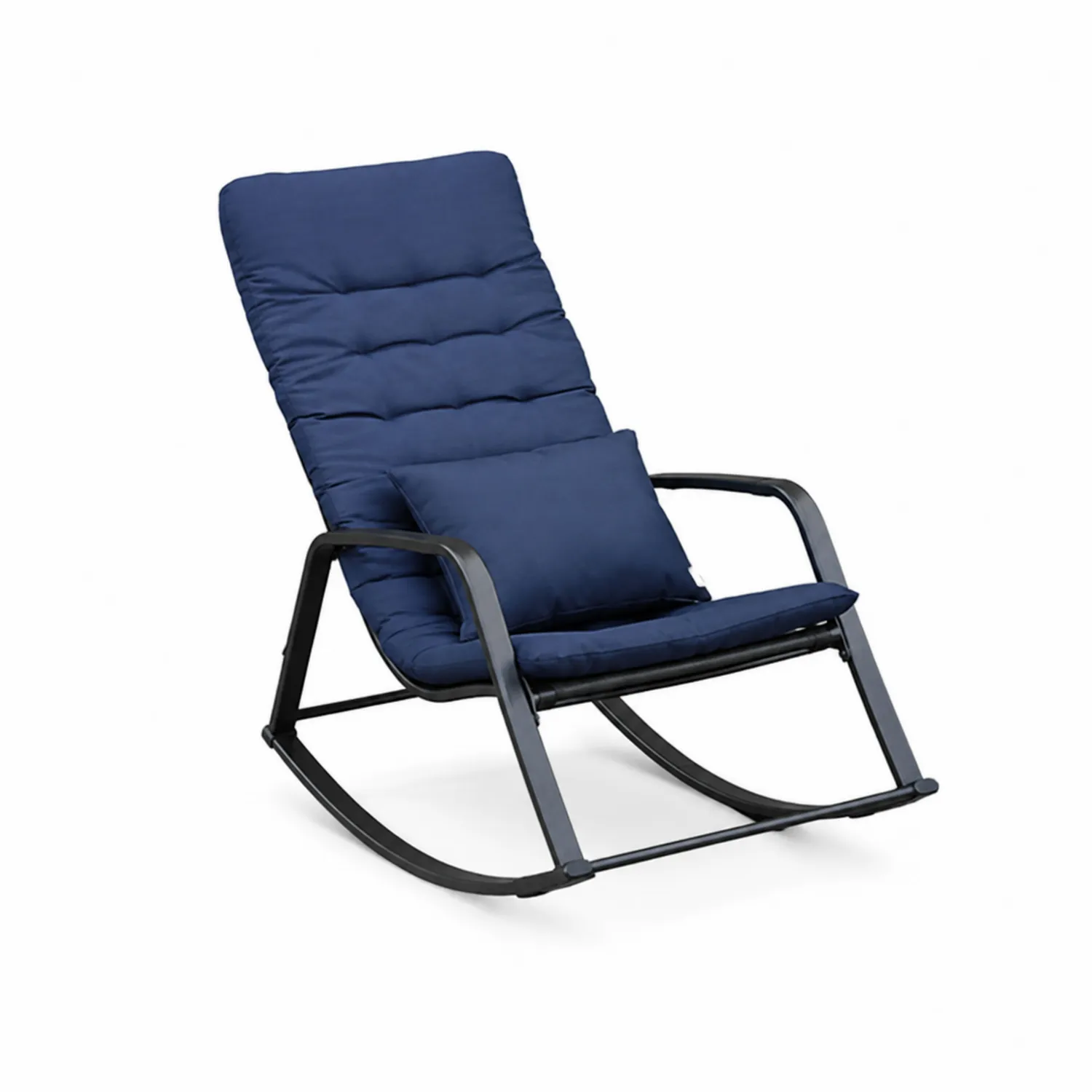Sedia a dondolo in metallo con cuscino blu