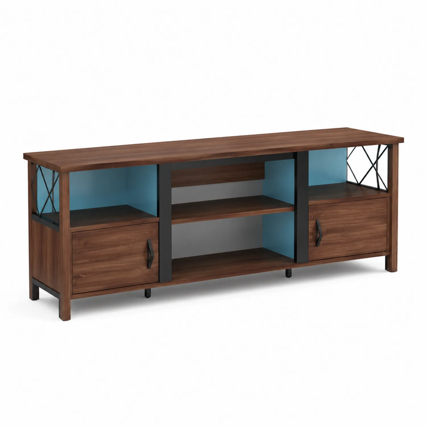 Szafka RTV drewniana z półkami metalowymi 150x40x55 cm orzechowa
