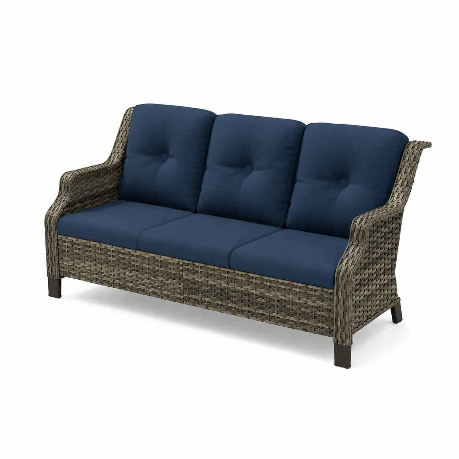3-osobowa sofa z technorattanu z granatowymi poduszkami