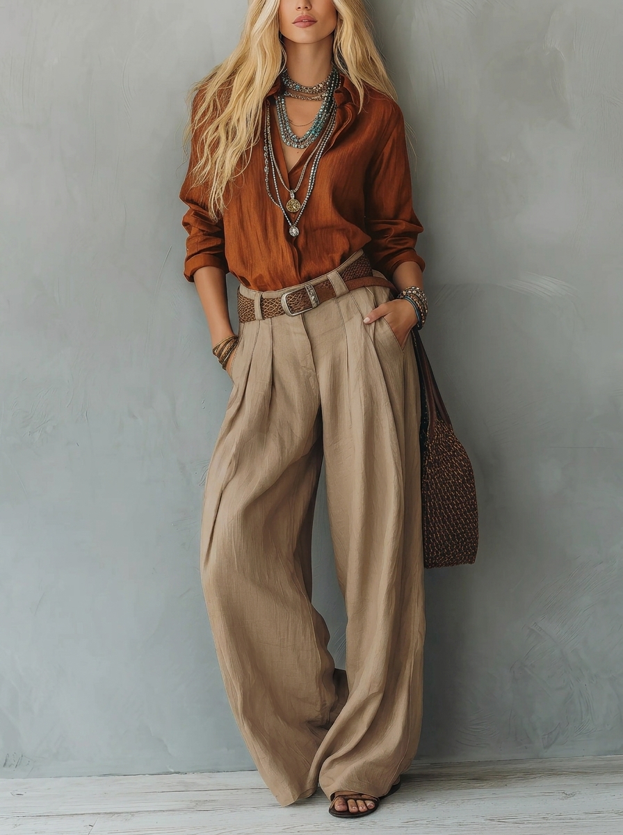 Women's Casual Navy Blue Cotton-Linen Long-Sleeve Pullover Shirt Paired With Khaki Cotton-Linen Trousers (Belt Not Included)