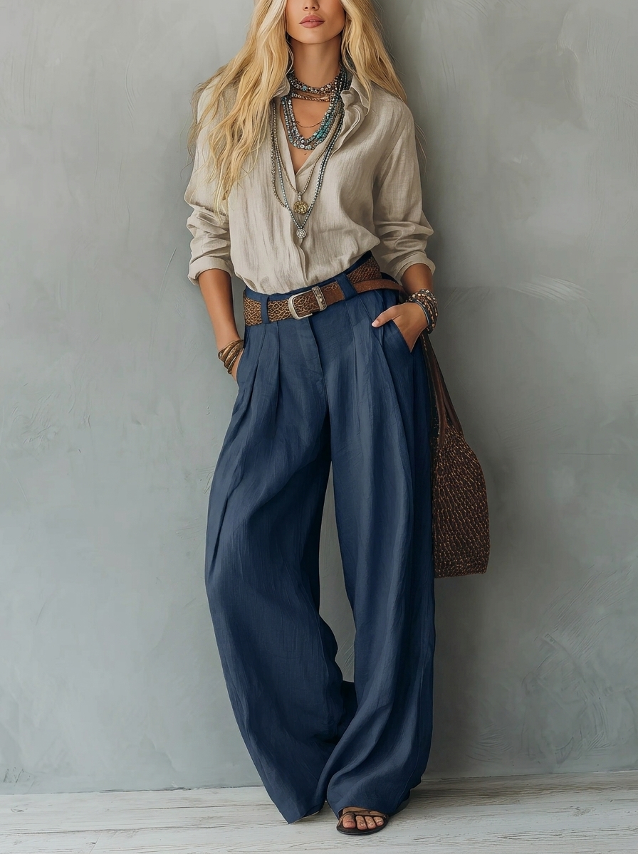 Women's Casual Navy Blue Cotton-Linen Long-Sleeve Pullover Shirt Paired With Khaki Cotton-Linen Trousers (Belt Not Included)