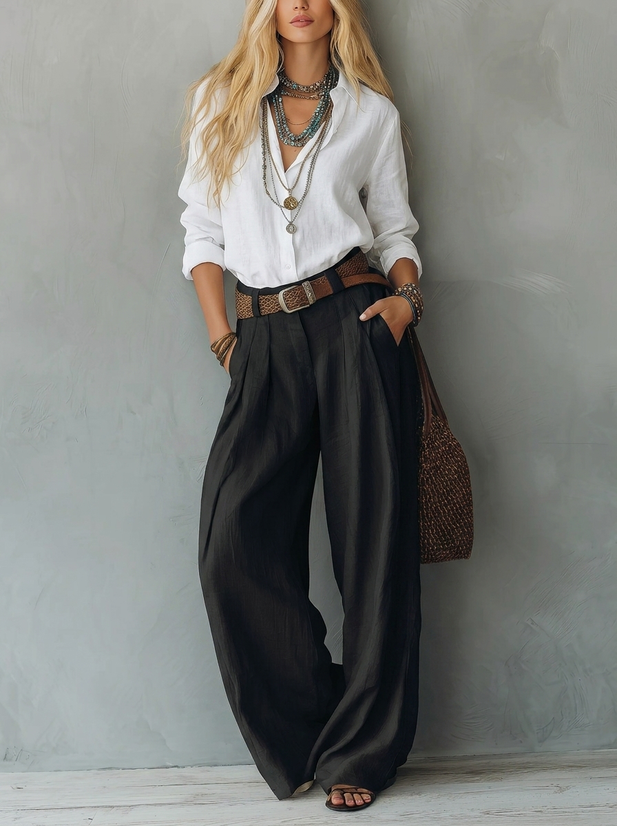 Women's Casual Navy Blue Cotton-Linen Long-Sleeve Pullover Shirt Paired With Khaki Cotton-Linen Trousers (Belt Not Included)