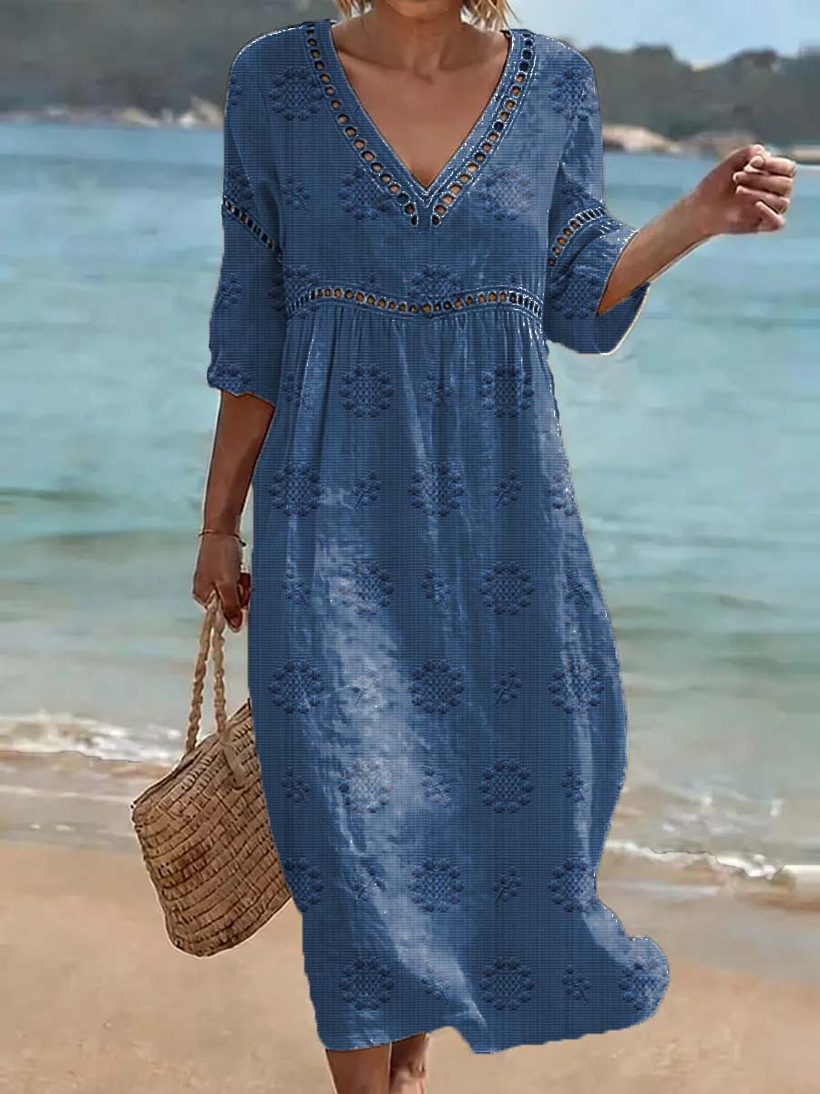 Lässiges Damen Baumwoll-Leinen-Kleid mit floralem Kunstdruck
