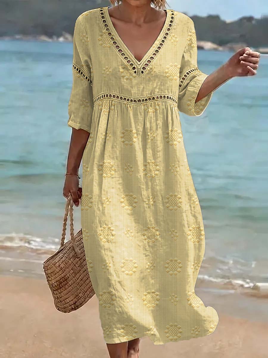 Lässiges Damen Baumwoll-Leinen-Kleid mit floralem Kunstdruck