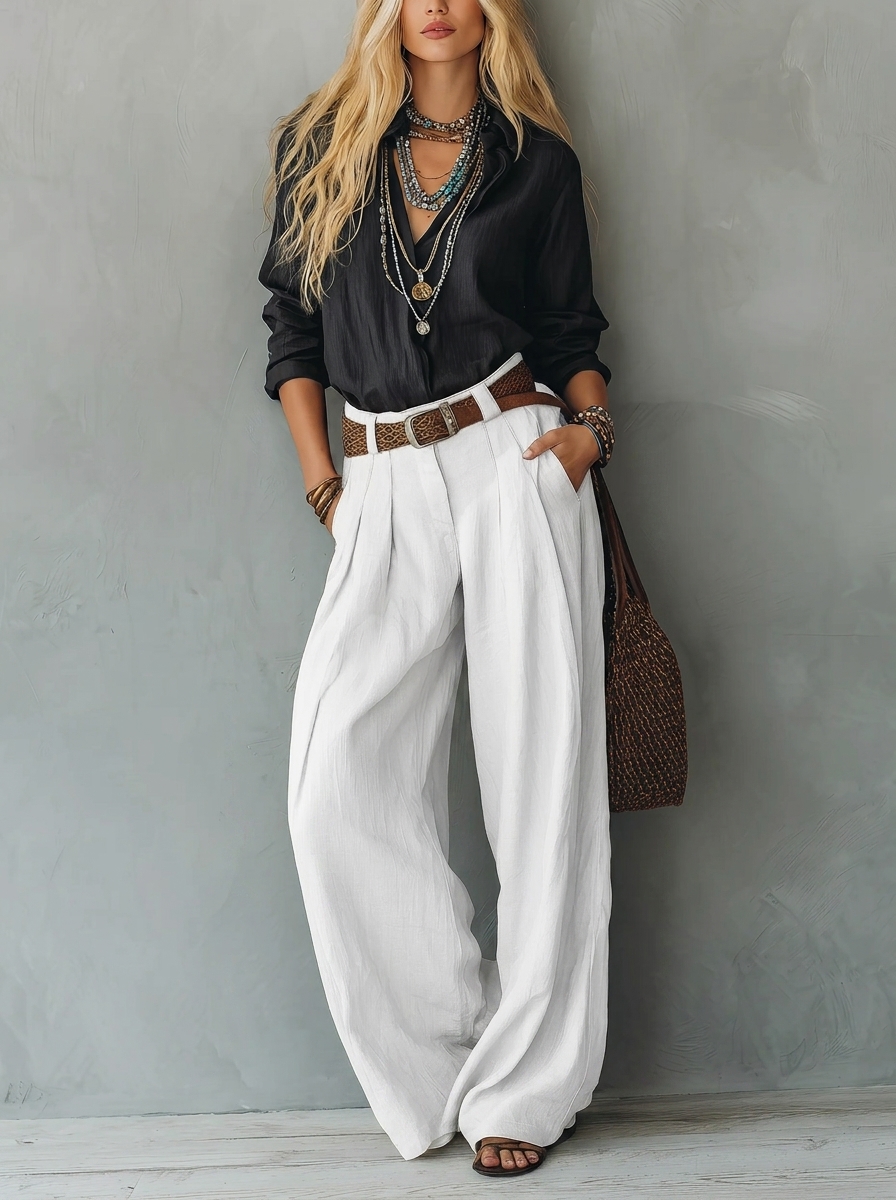 Women's Casual Navy Blue Cotton-Linen Long-Sleeve Pullover Shirt Paired With Khaki Cotton-Linen Trousers (Belt Not Included)