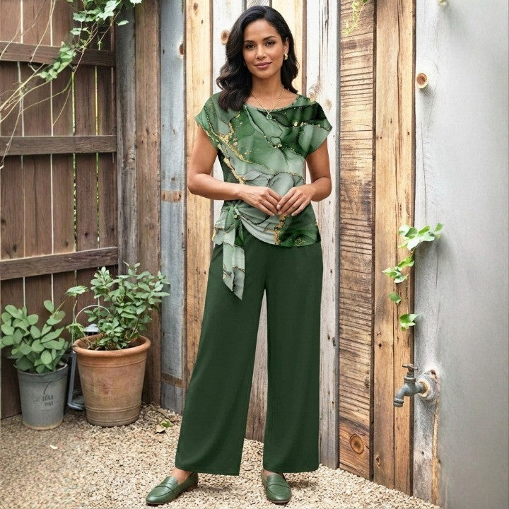 🌸 Damen Casual Set mit bedruckter Bluse und gerader Hose