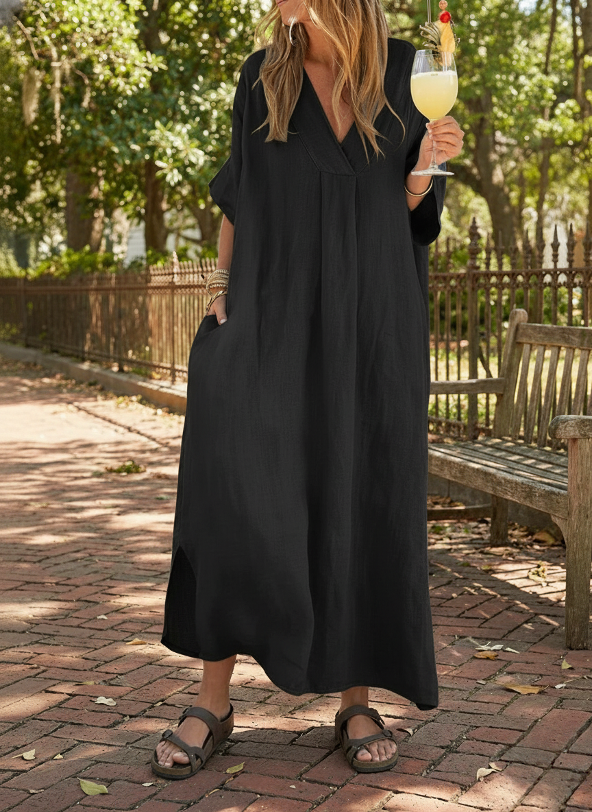 ❤️Maxikleid aus Baumwoll-Leinen-Mix mit lockerem V-Ausschnitt