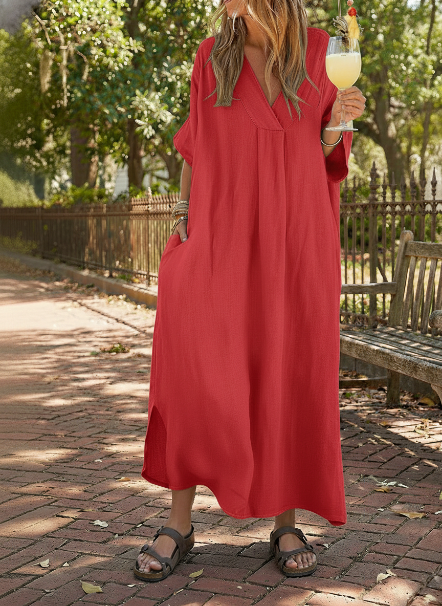 ❤️Maxikleid aus Baumwoll-Leinen-Mix mit lockerem V-Ausschnitt