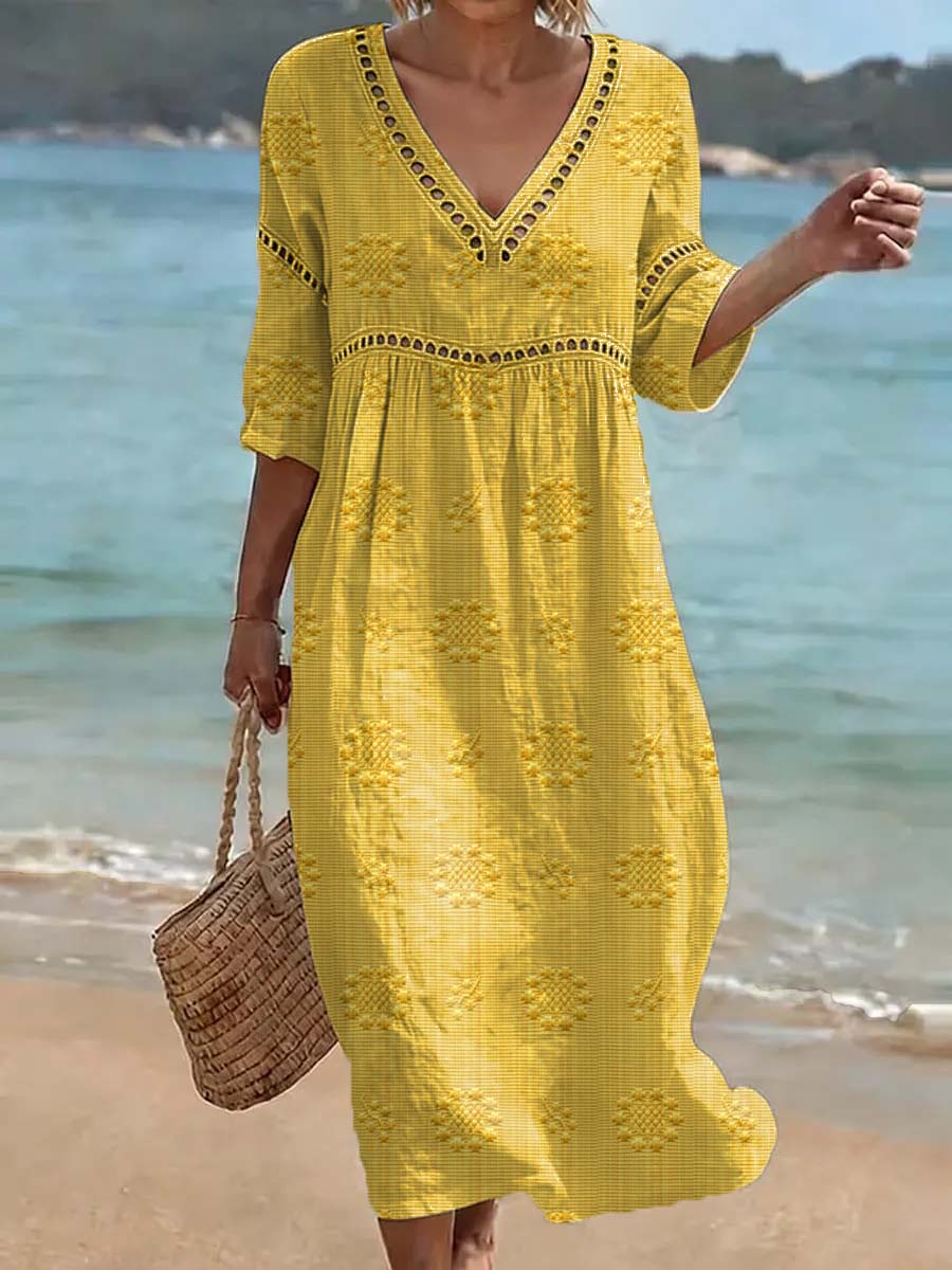 Lässiges Damen Baumwoll-Leinen-Kleid mit floralem Kunstdruck