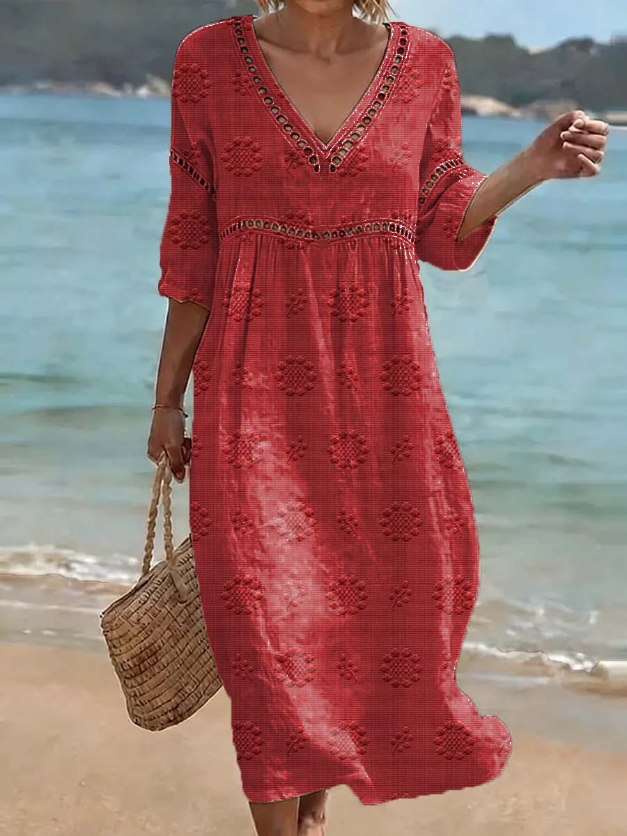 Lässiges Damen Baumwoll-Leinen-Kleid mit floralem Kunstdruck