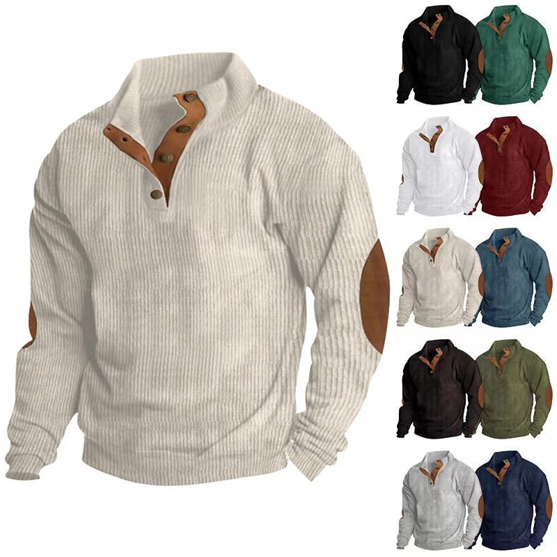 Herren-Rippenpullover mit Stehkragen und Ellbogen-Patches