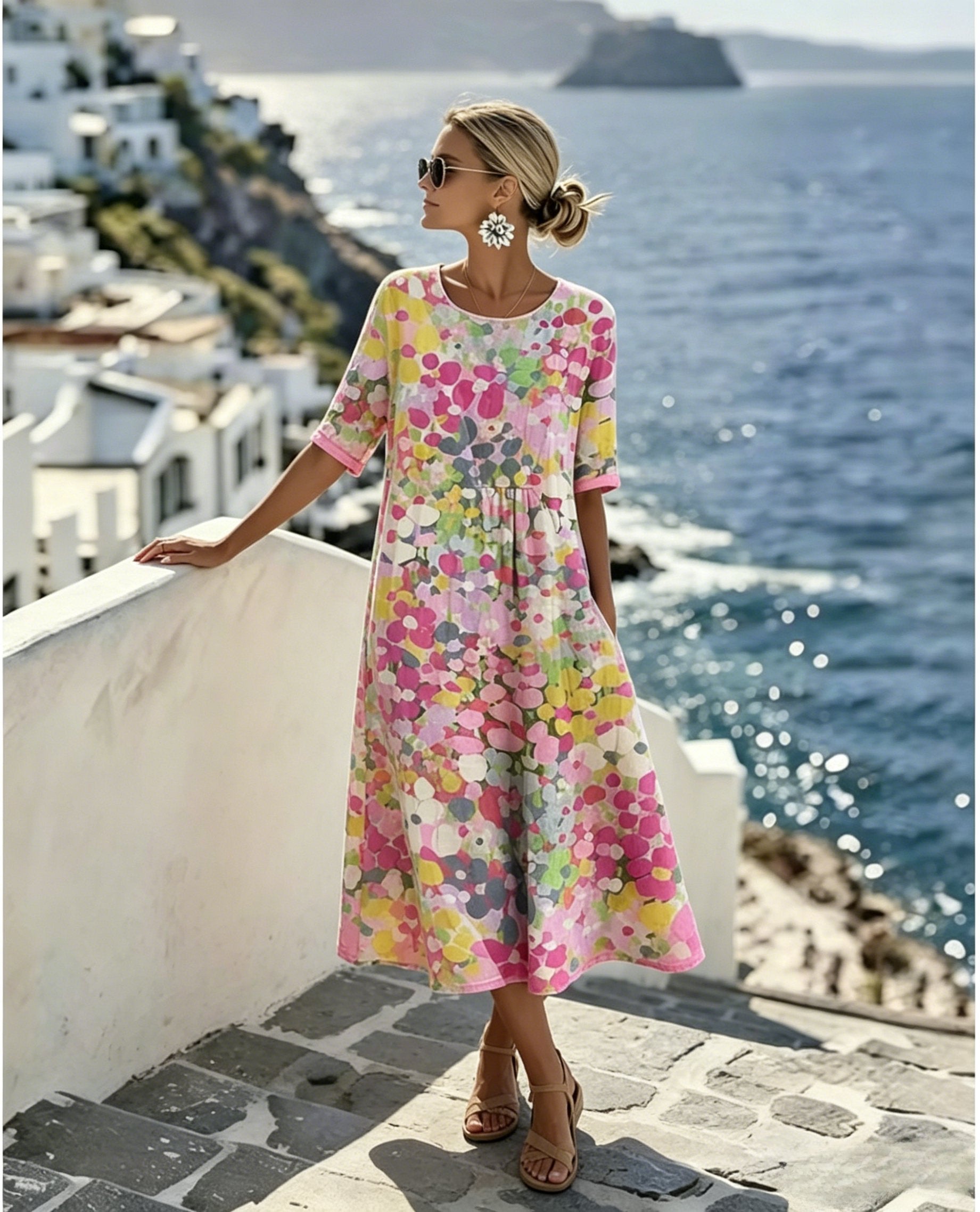 🌼Damen Elegantes Aquarell-Midikleid aus Seidenähnlichem Stoff