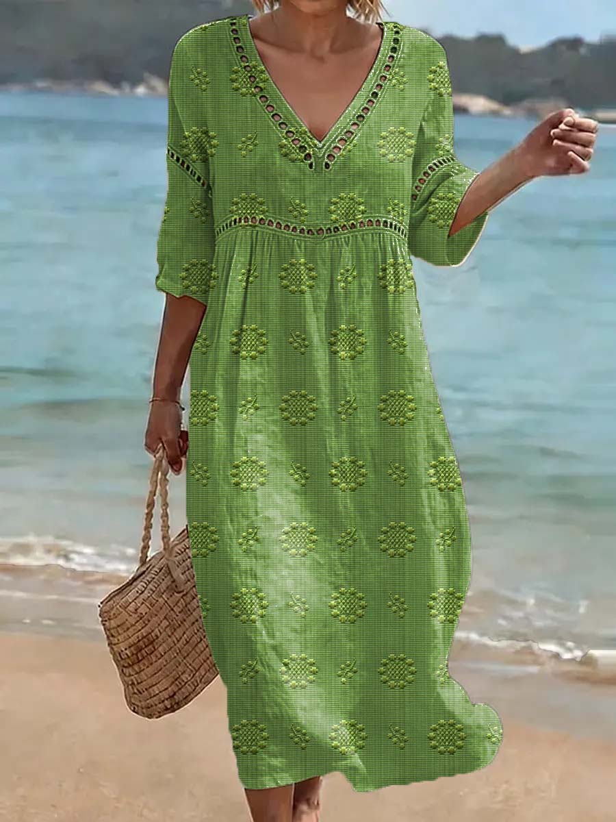 Lässiges Damen Baumwoll-Leinen-Kleid mit floralem Kunstdruck