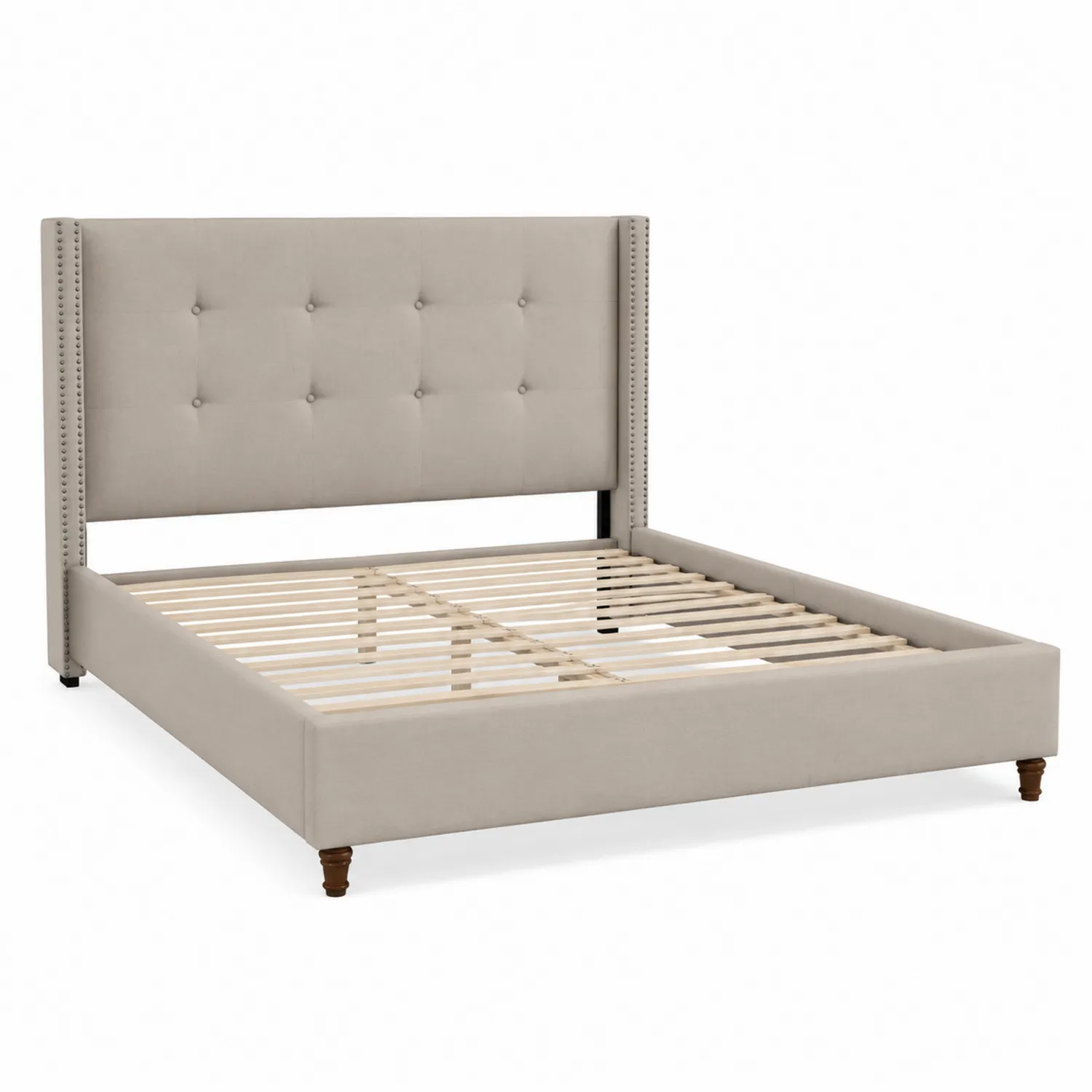 Letto matrimoniale in tessuto beige con struttura in legno-Placiron