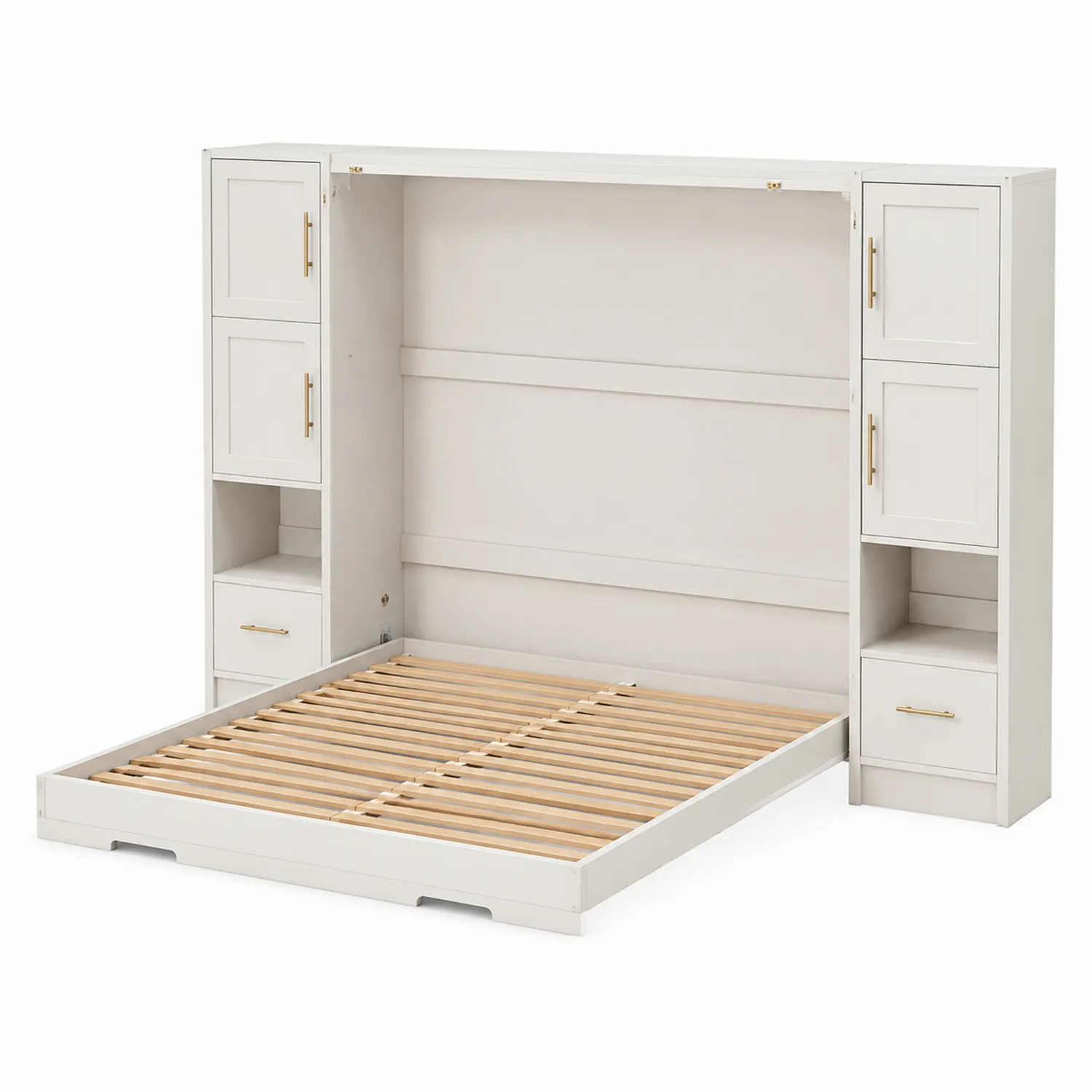Letto a Scomparsa Matrimoniale in Legno MDF con Armadietti Laterali, Bianco-Placiron