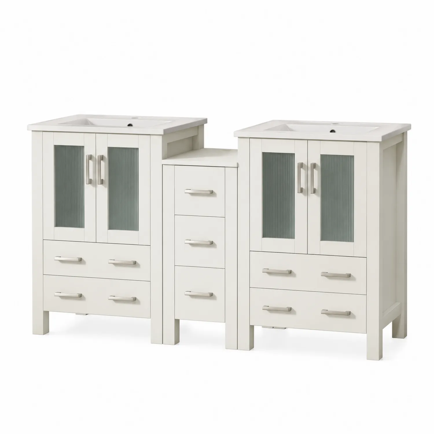 Mobile Lavabo Doppio in MDF e Vetro Temperato, Bianco-Placiron