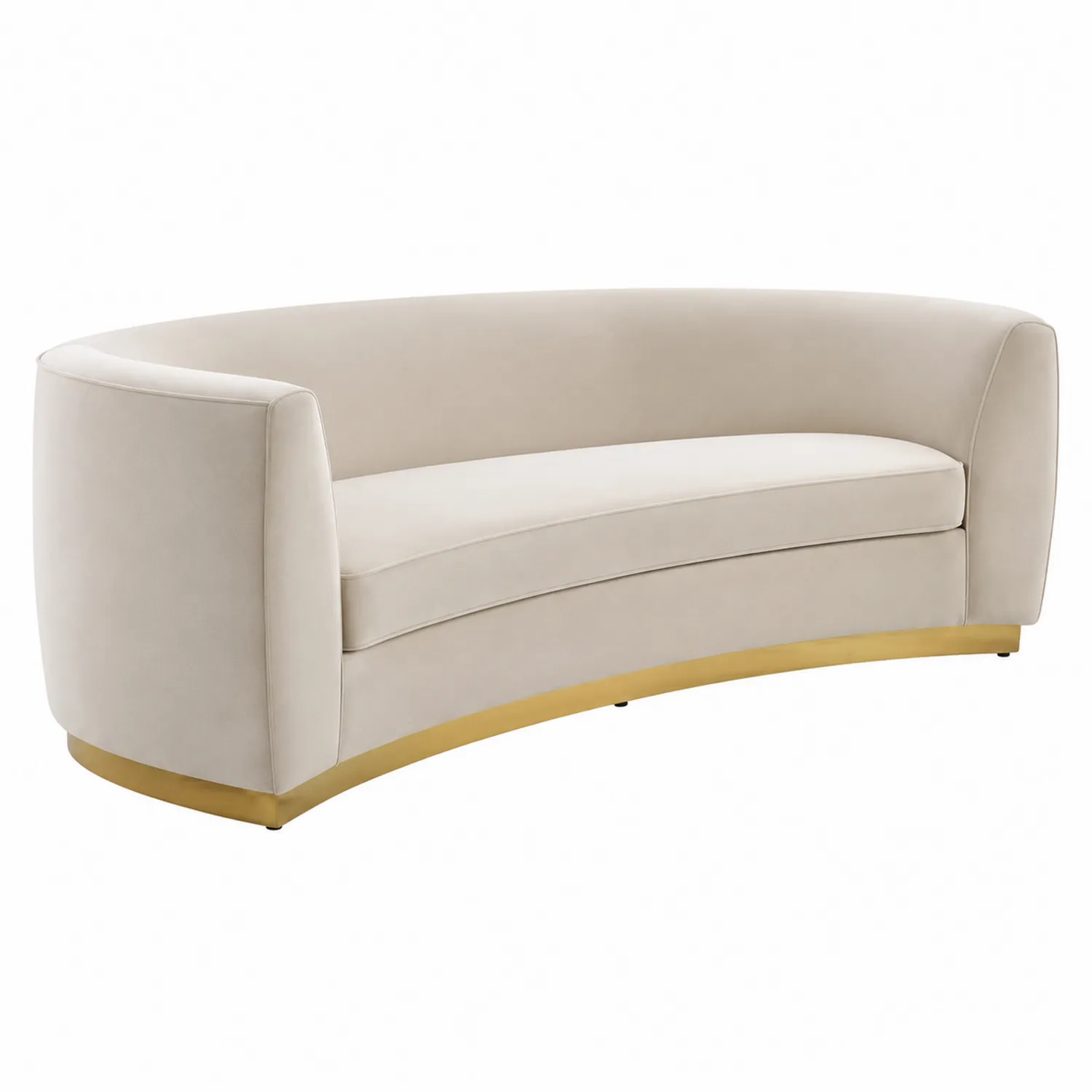 Divano Curvo in Velluto Beige con Base in Metallo Dorato, 200 cm-Placiron