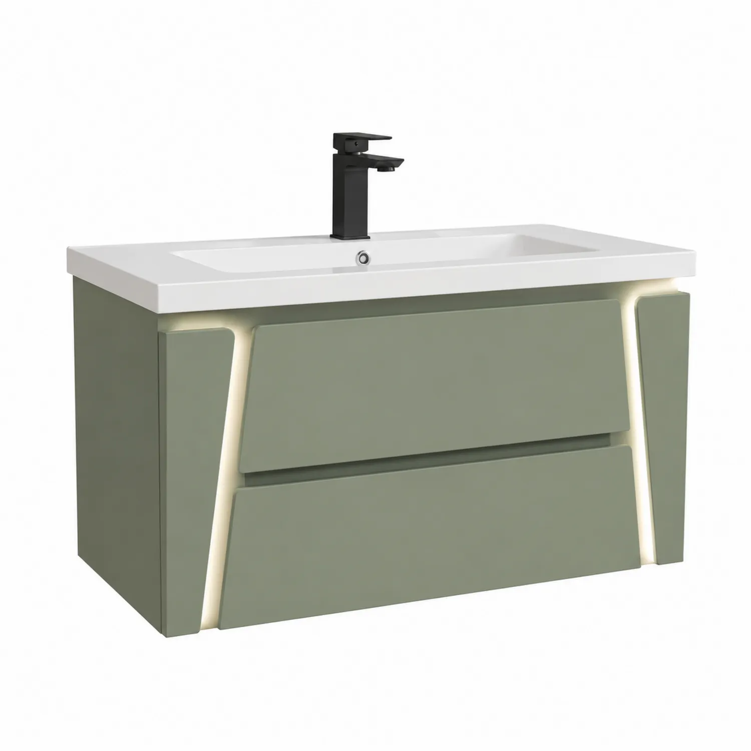 Mobile lavabo sospeso in MDF con due cassetti e lavandino in ceramica verde-Placiron