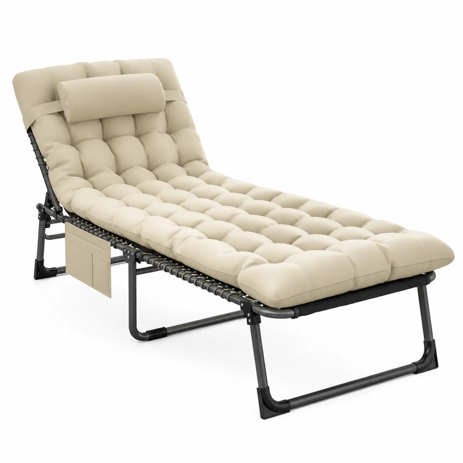 Lettino regolabile in metallo con cuscino in tessuto beige-Placiron