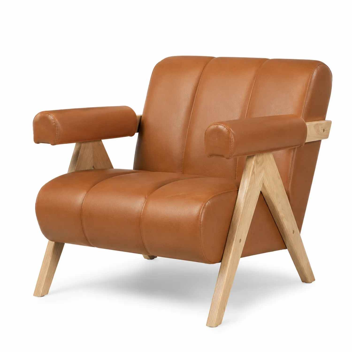 Poltrona in Pelle Marrone con Struttura in Legno di Quercia-Placiron