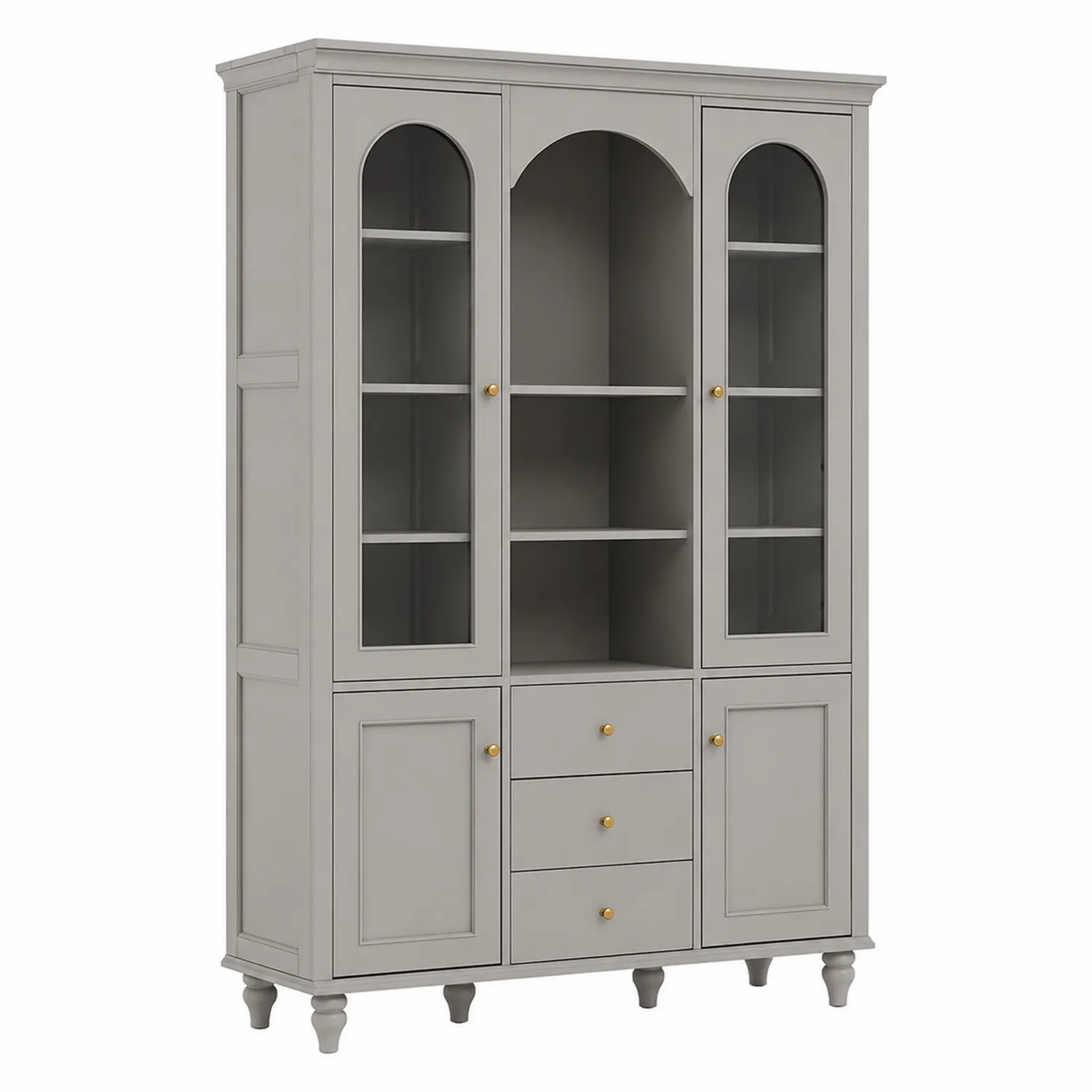 Libreria in legno con vetro temperato e cassetti, Grigio, 200x140x40 cm-Placiron