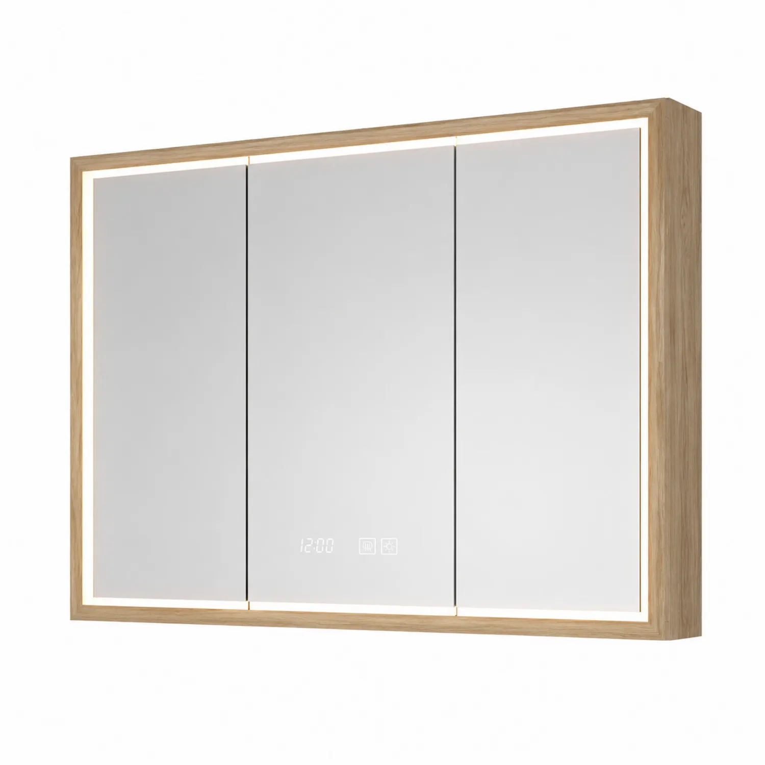 Specchiera da bagno in vetro temperato con LED, cornice in rovere chiaro, 100x60 cm-Placiron