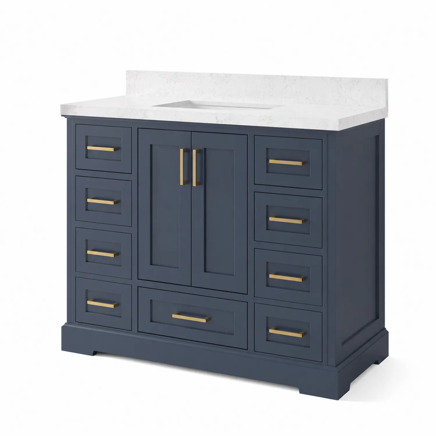 Mobile bagno in legno blu con top in marmo composito bianco e maniglie dorate-Placiron