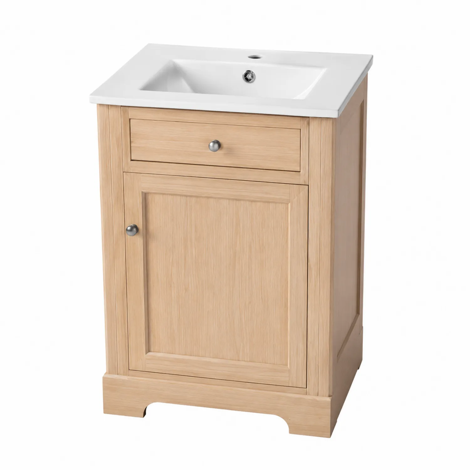 Mobile lavabo singolo in legno con lavandino in ceramica bianca-Placiron