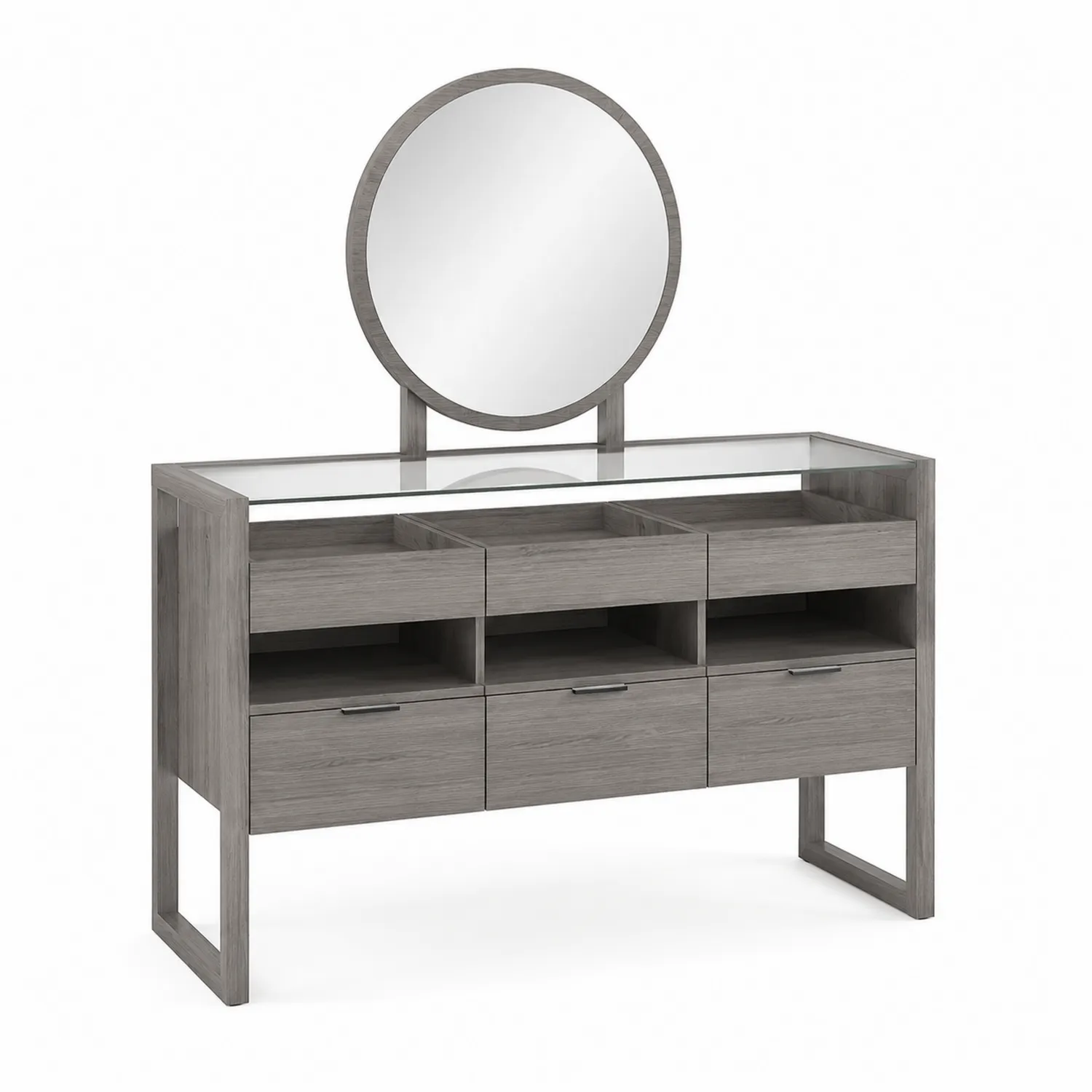 Toeletta in Legno e Vetro con Specchio Rotondo e Cassetti Grigio-Placiron