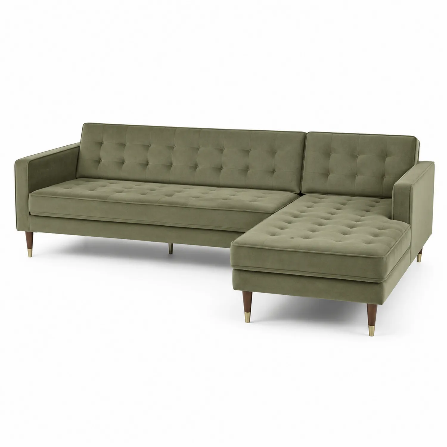 Divano angolare in velluto verde oliva con gambe in legno-Placiron