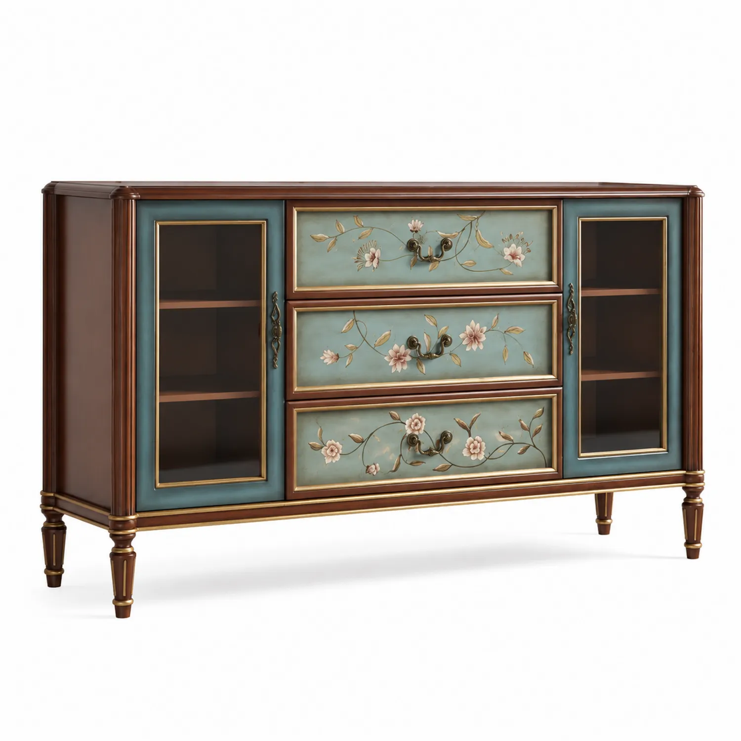 Credenza in legno con ante in vetro e decorazioni floreali-Placiron