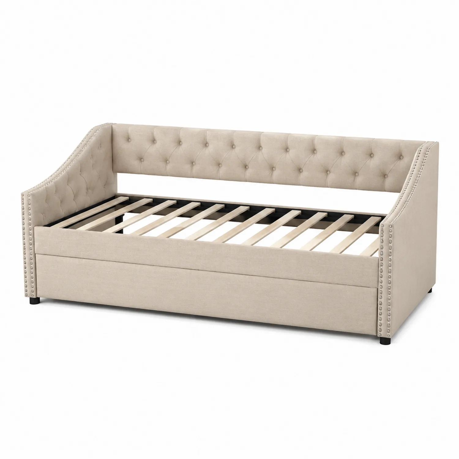 Divano letto in tessuto beige con struttura in legno massello-Placiron