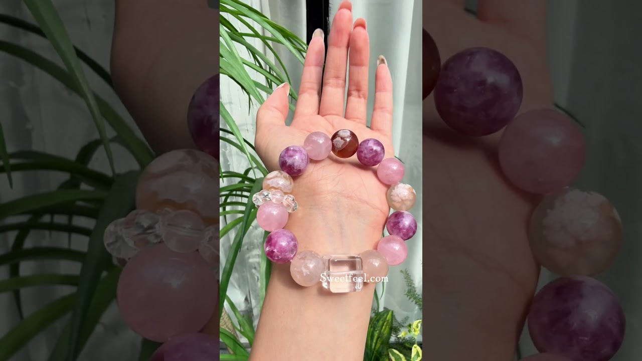 14mm Pink Emerald Crystal Cherry Blossom Agate Madagascar Rose Quartz Clear Quartz Multi Gemstone Crystal Bracelet