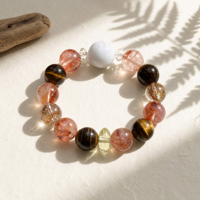 14mm Tiger's Eye Hematoid Quartz Citrine 17mm White Phantom Quartz Vintage Wealth Attraction Mixed Gemstone Bracelet